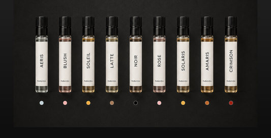 Nine labeled Paruvea Discovery Set 2ml spray vials arranged in a row