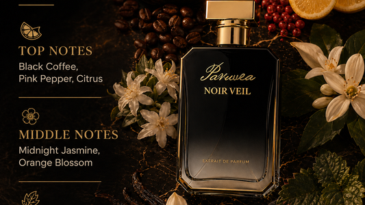 Noir Veil with coffee, citrus, florals, and woods for a guide to perfume drydown