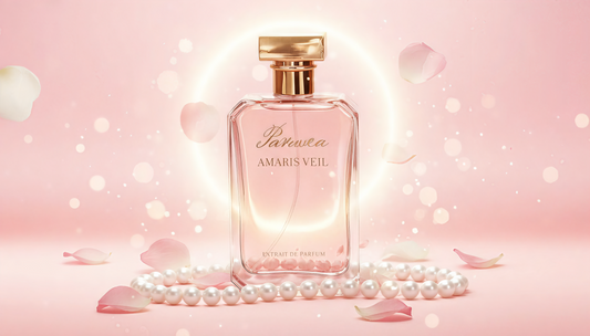 Pink Paruvea Amaris Veil perfume with petals and pearls for a wedding fragrance guide