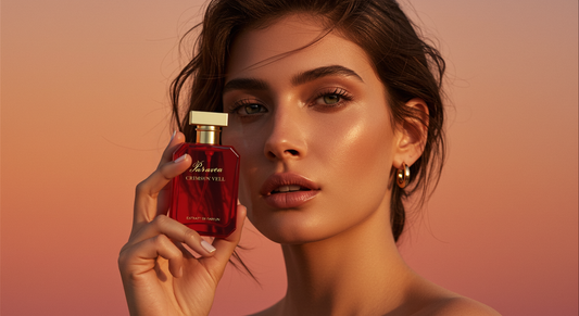 Woman holding Paruvea Crimson Veil for a guide to perfume compliments and self-expression