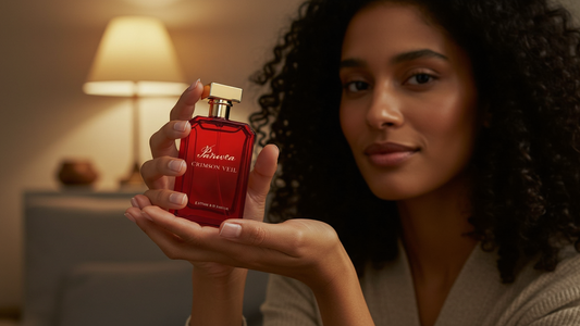 Person holding Crimson Veil for a guide to choosing perfume beyond gender labels