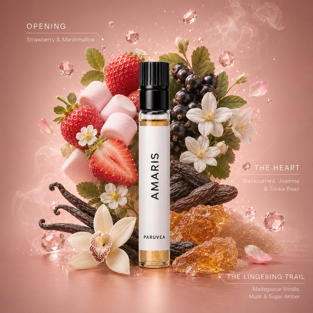 Amaris 2ml perfume sample with strawberry, marshmallow, blackcurrant, jasmine, vanilla and amber notes
