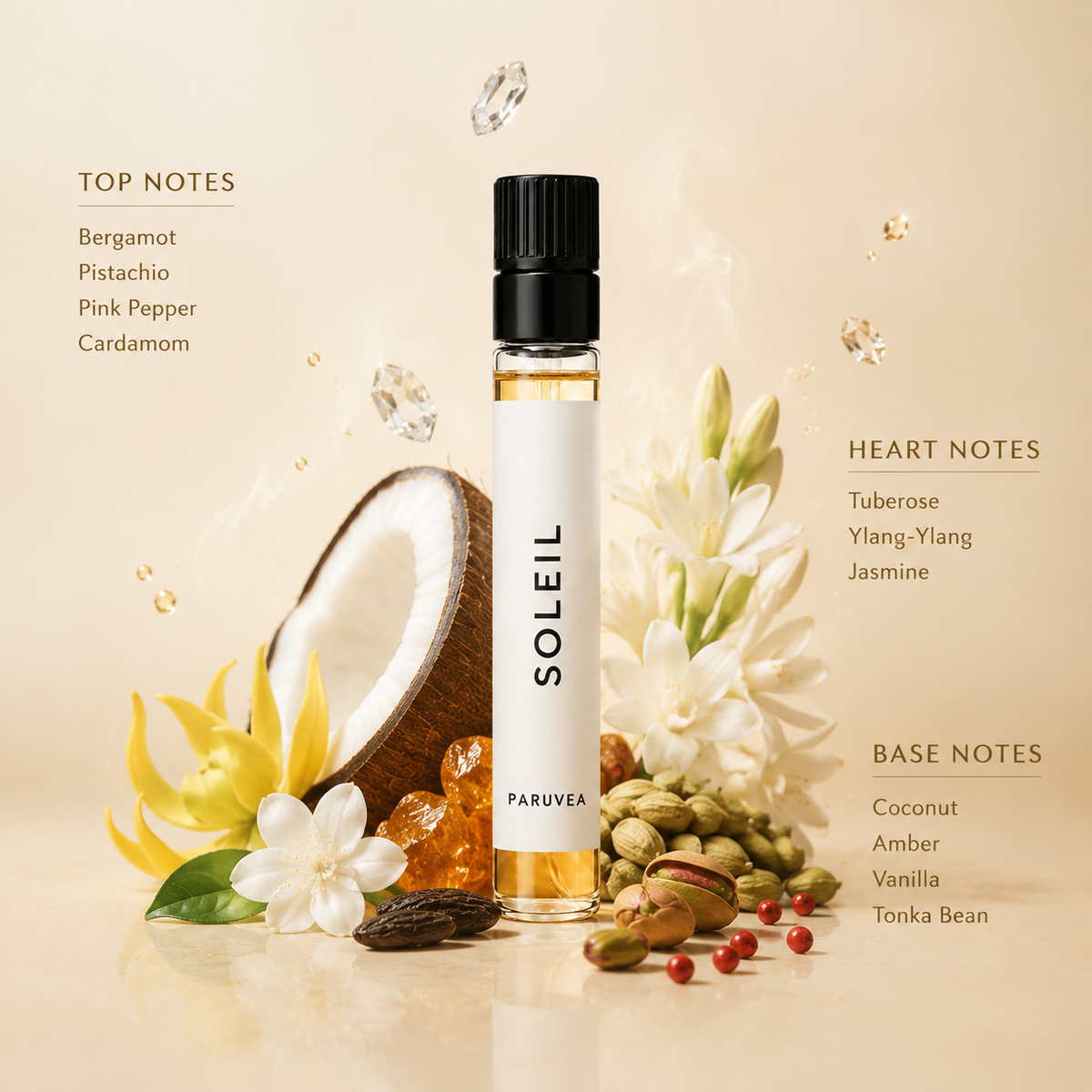 Soleil 2ml perfume sample with bergamot, pistachio, tuberose, coconut, vanilla and tonka bean notes