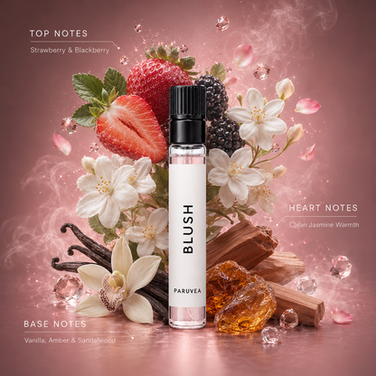 Blush 2ml perfume sample with strawberry, blackberry, jasmine, vanilla, amber and sandalwood notes
