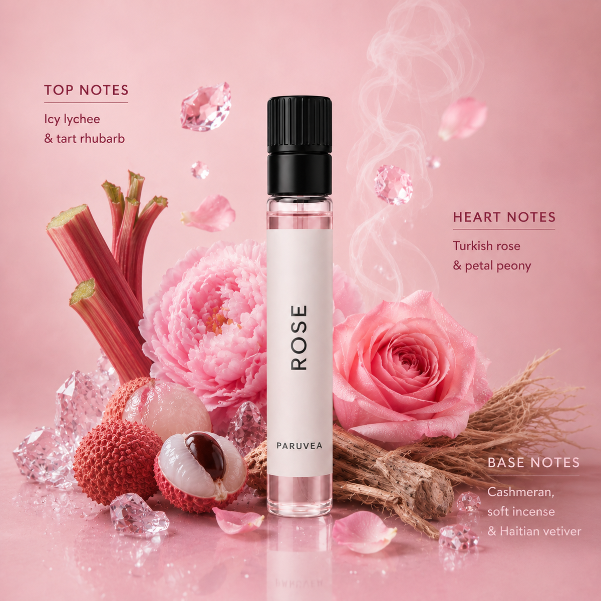Rose 2ml perfume sample with lychee, rhubarb, Turkish rose, peony, incense and vetiver notes