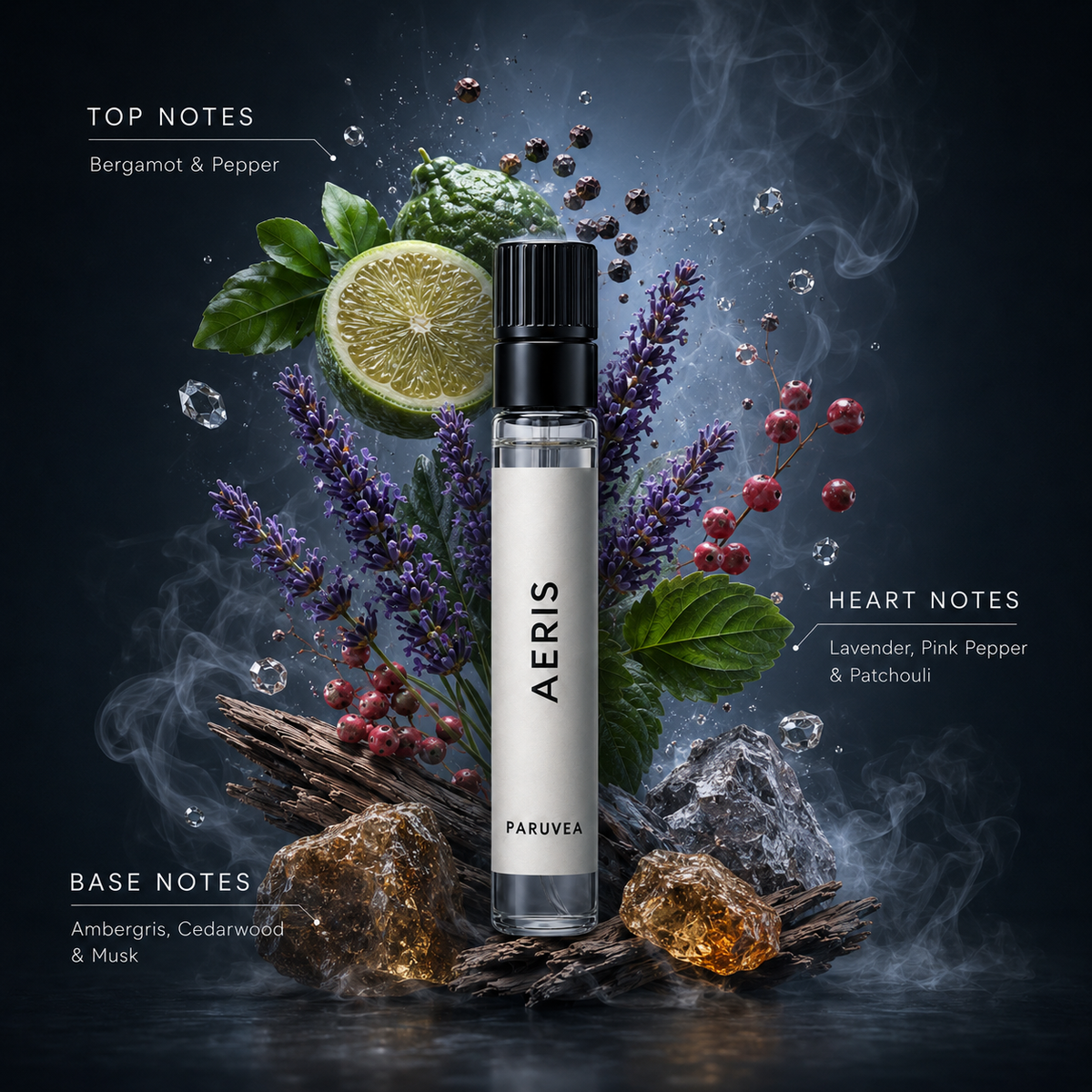 Aeris 2ml perfume sample with bergamot, lavender, patchouli, cedarwood and musk notes