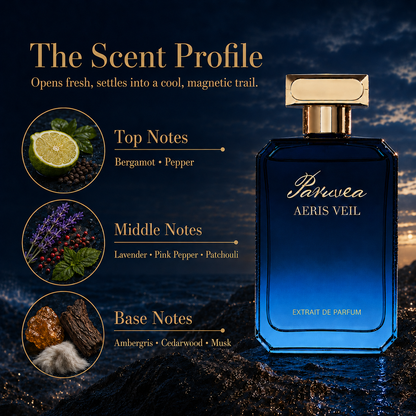 Aeris Veil Extrait de Parfum bottle with bergamot, lavender, patchouli, cedarwood and musk scent profile