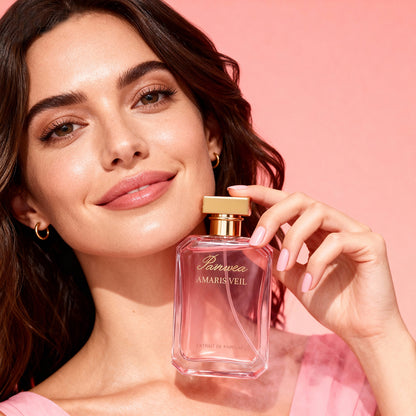 Woman with wavy brown hair in a pink sleeveless top, holding the Paruvea Amaris Veil perfume bottle near her neck as if applying it, against a solid pink background.