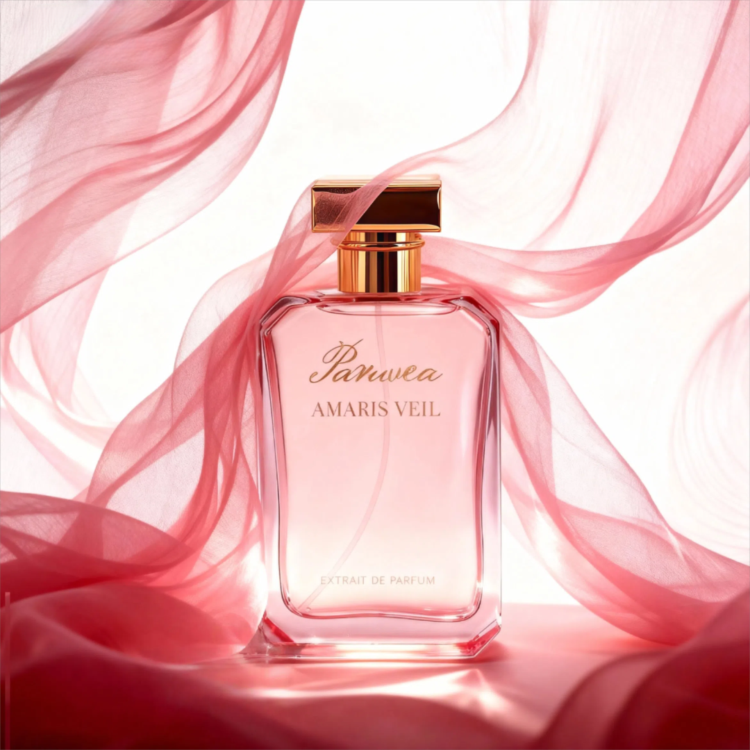 Pink Paruvea Amaris Veil perfume bottle framed by flowing pink chiffon fabric against a soft white background, conveying elegance and femininity.