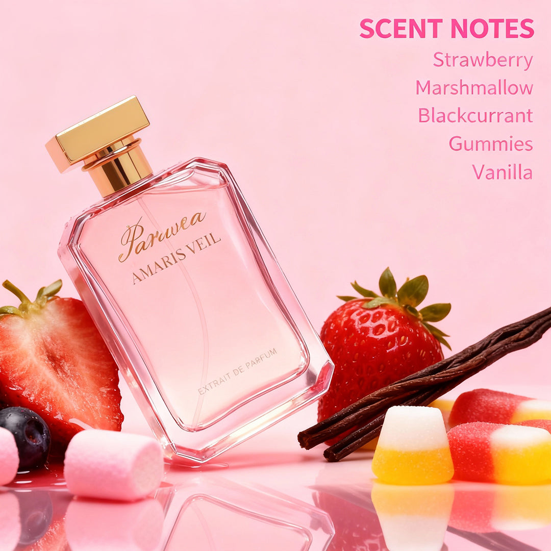 Tilted pink Paruvea Amaris Veil perfume bottle with gold cap, next to strawberries, marshmallows, and gummy candies, with a list of scent notes: Strawberry, Marshmallow, Blackcurrant, Gummies, Vanilla.