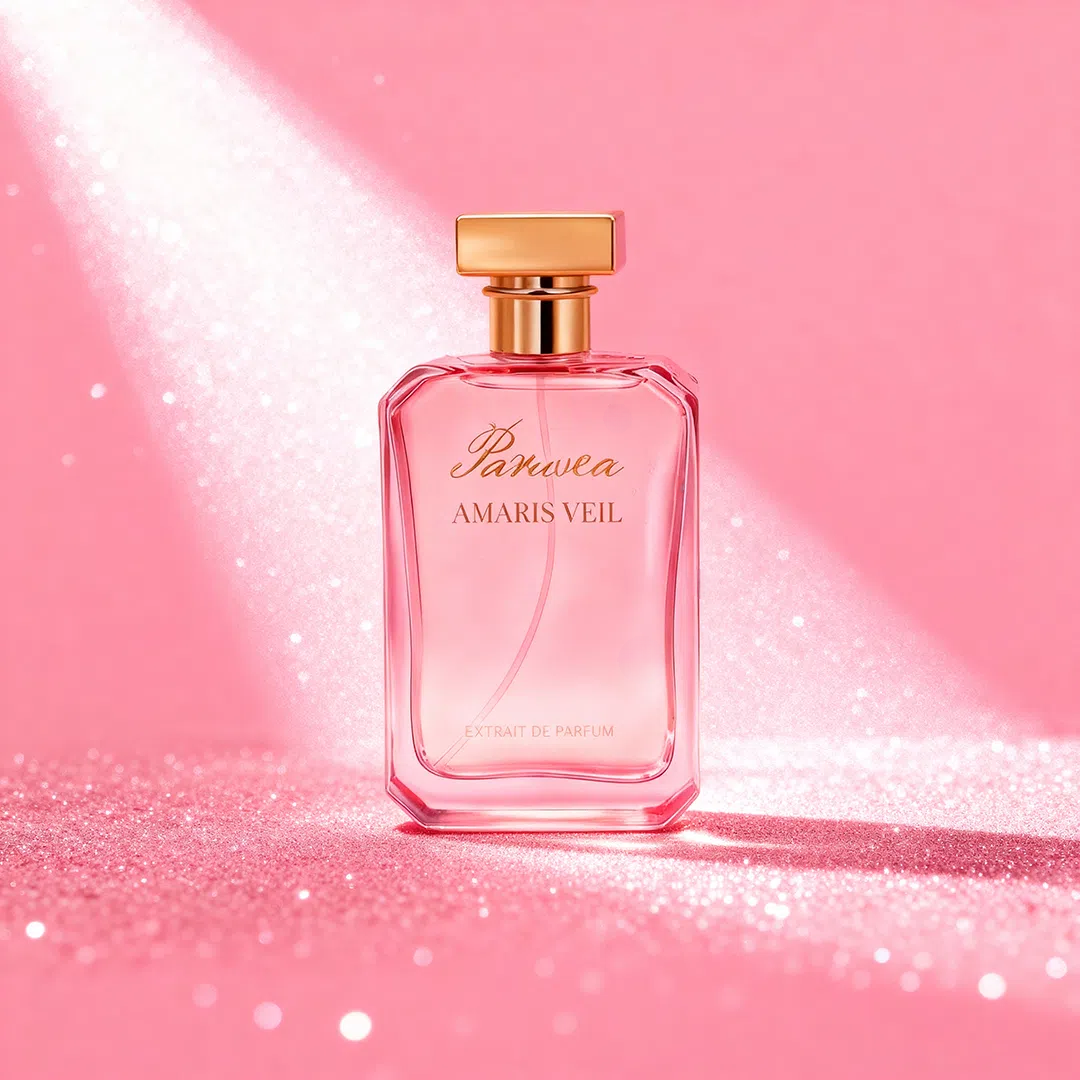 Paruvea Amaris Veil perfume bottle standing upright on a glittery pink surface, backlit by a bright spotlight creating a glowing, sparkling effect.
