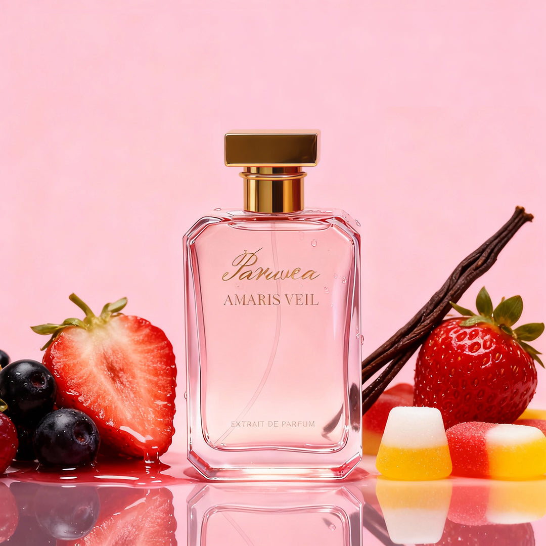 Pink glass Paruvea Amaris Veil perfume bottle with gold cap, surrounded by fresh strawberries, blueberries, vanilla beans, and colorful gummy candies on a soft pink background.