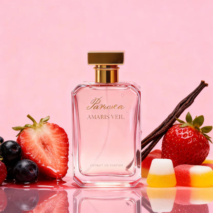 Pink glass Paruvea Amaris Veil perfume bottle with gold cap, surrounded by fresh strawberries, blueberries, vanilla beans, and colorful gummy candies on a soft pink background.