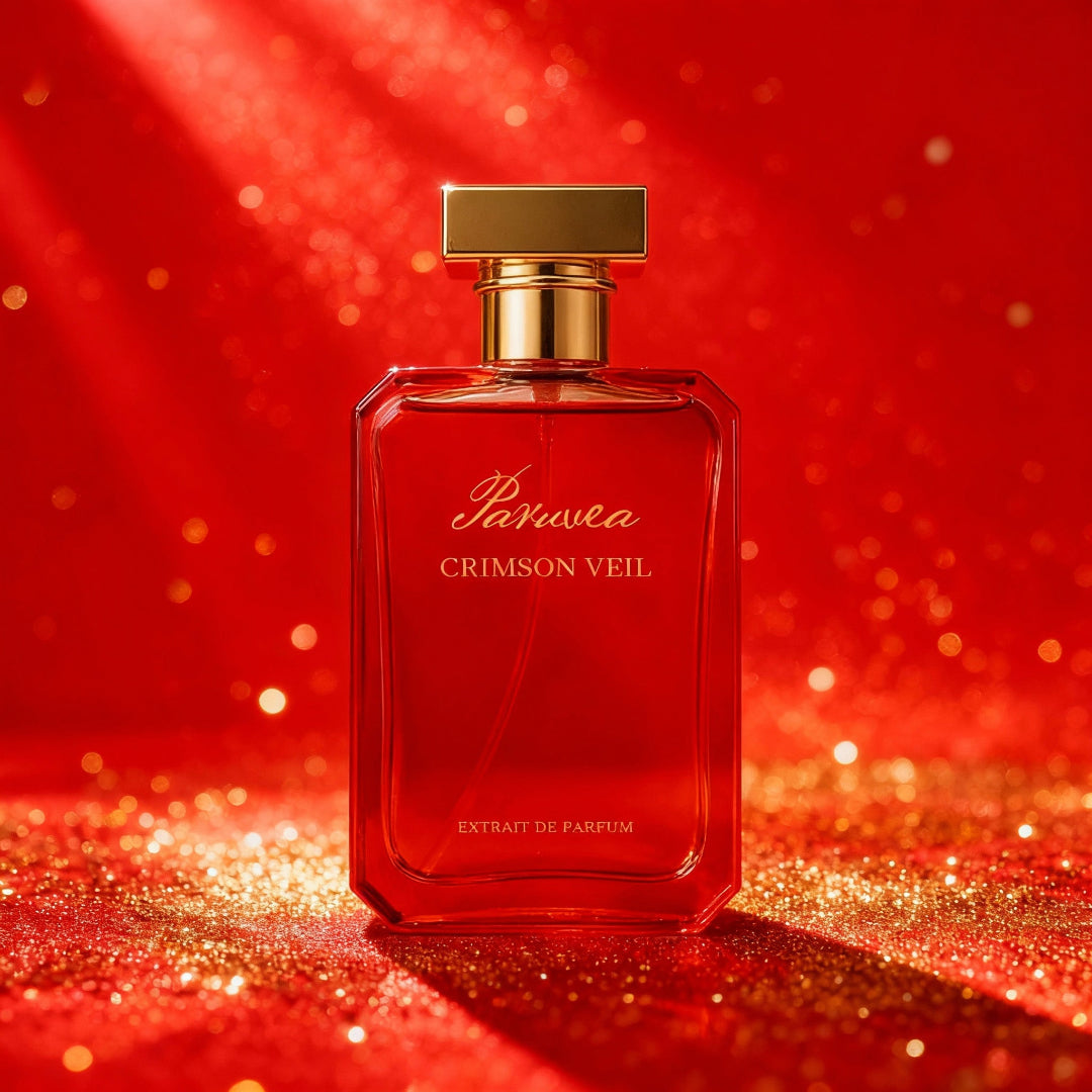 ed perfume bottle on a background of red and gold glitter, with the gold "Paruvea Crimson Veil" logo visible, creating a festive and radiant effect.