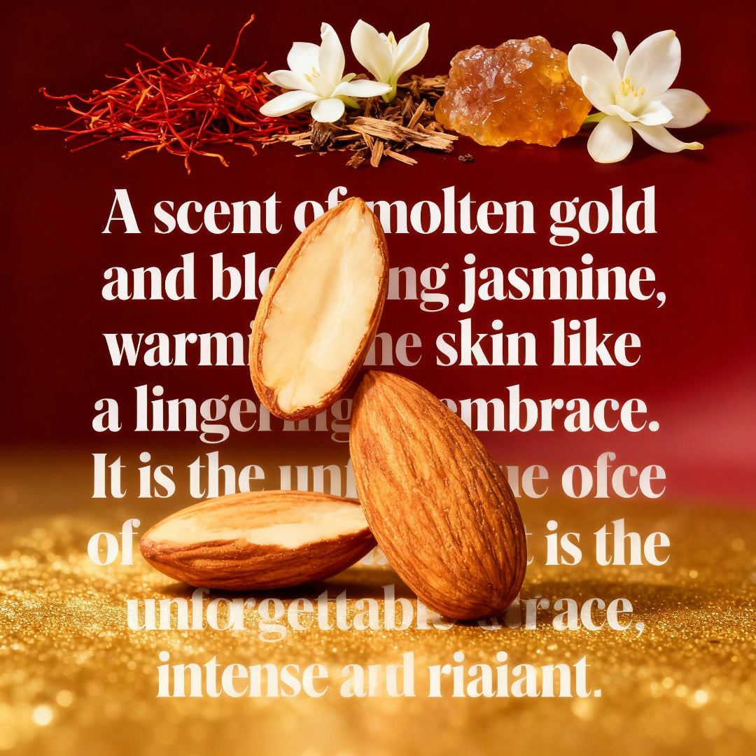 Deep red background with white English text describing the scent, accented with almonds, jasmine flowers, and saffron, highlighting the fragrance's warm and floral profile.