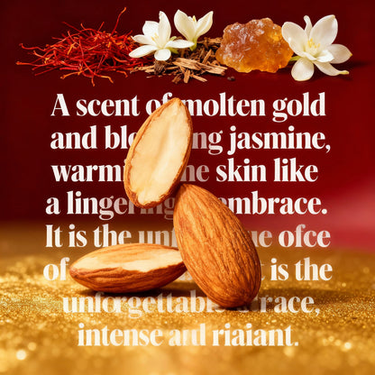 Deep red background with white English text describing the scent, accented with almonds, jasmine flowers, and saffron, highlighting the fragrance's warm and floral profile.