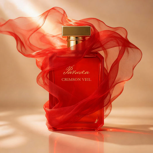 Red square glass perfume bottle with gold "Paruvea Crimson Veil" lettering, wrapped in a sheer red fabric, set against a soft, light beige gradient background.