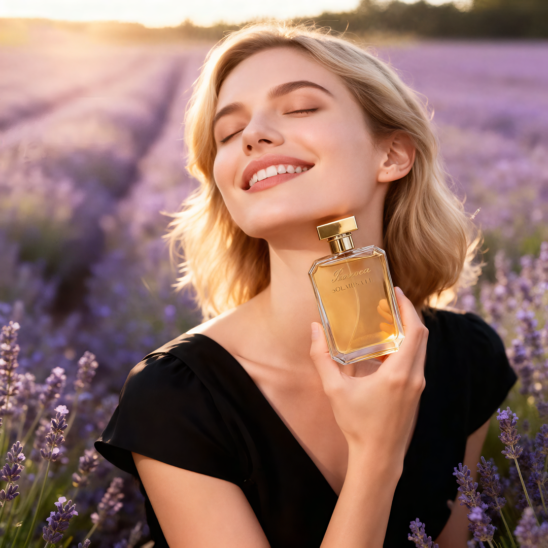 Woman in a black dress holding the golden Paruvea Solaris Veil perfume bottle in a lavender field at sunset, with soft purple blooms and warm golden light.