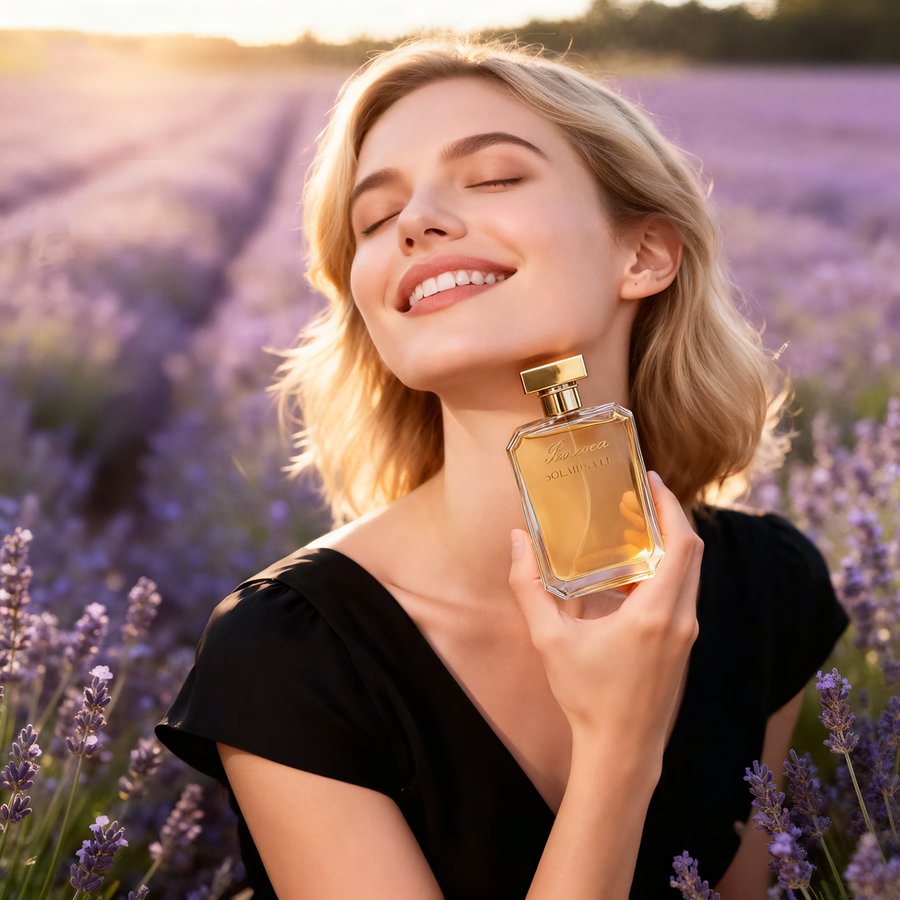 Woman in a black dress holding the golden Paruvea Solaris Veil perfume bottle in a lavender field at sunset, with soft purple blooms and warm golden light.