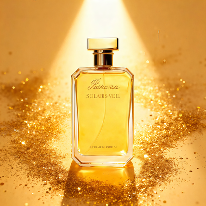 Paruvea Solaris Veil perfume bottle centered under a bright spotlight, surrounded by golden glitter on a glamorous, glowing background.