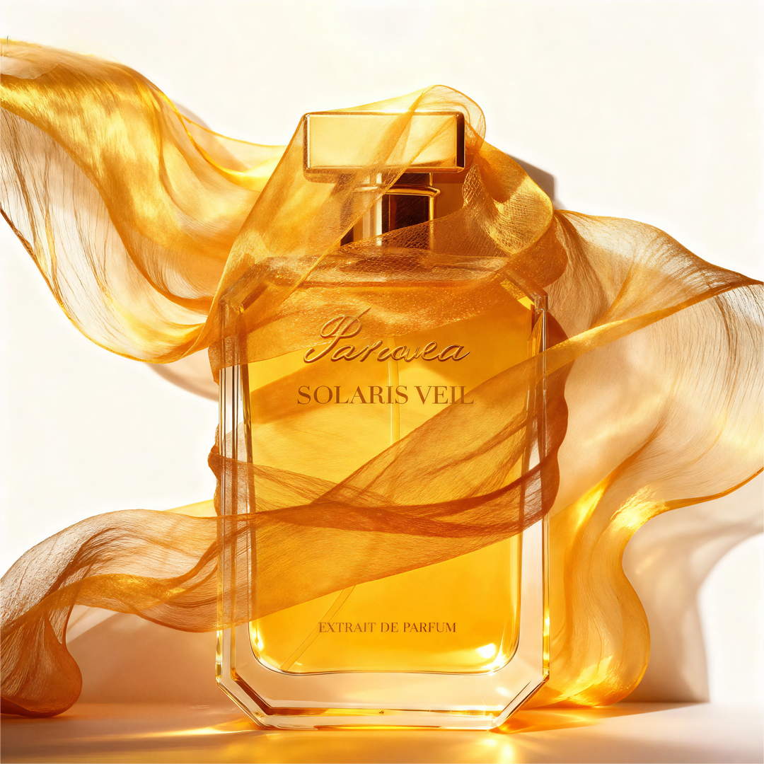 Golden Paruvea Solaris Veil perfume bottle wrapped in flowing golden fabric, set against a clean white background with soft, ethereal lighting.