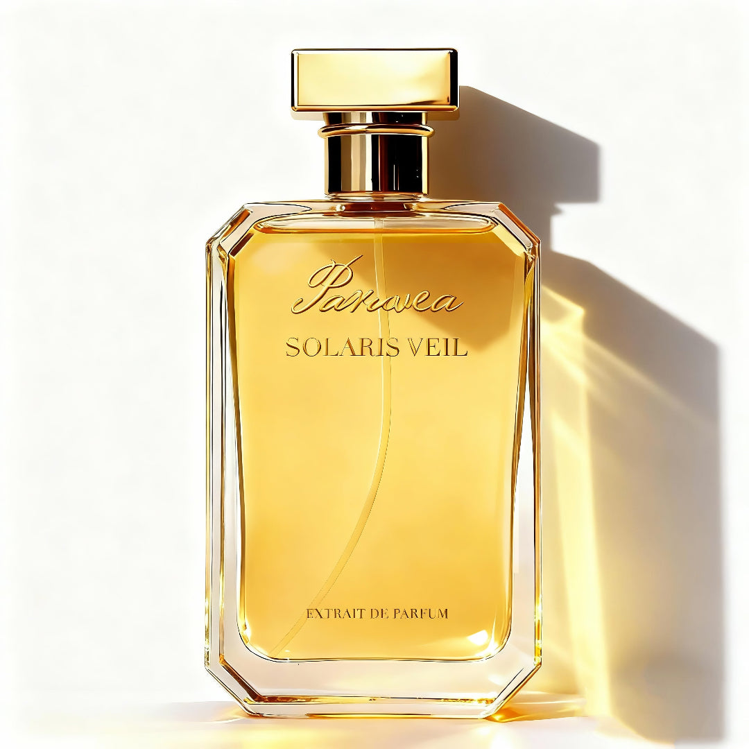 Rectangular glass Paruvea Solaris Veil perfume bottle with faceted edges, filled with golden-yellow liquid and a gold cap, on a minimalist white background.