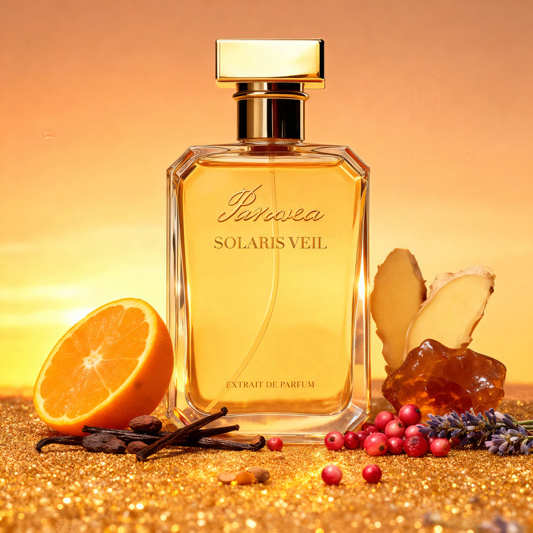 Golden Paruvea Solaris Veil perfume bottle surrounded by scent ingredients: orange slice, ginger, vanilla beans, red berries, amber resin, and lavender, on a warm glittery background.