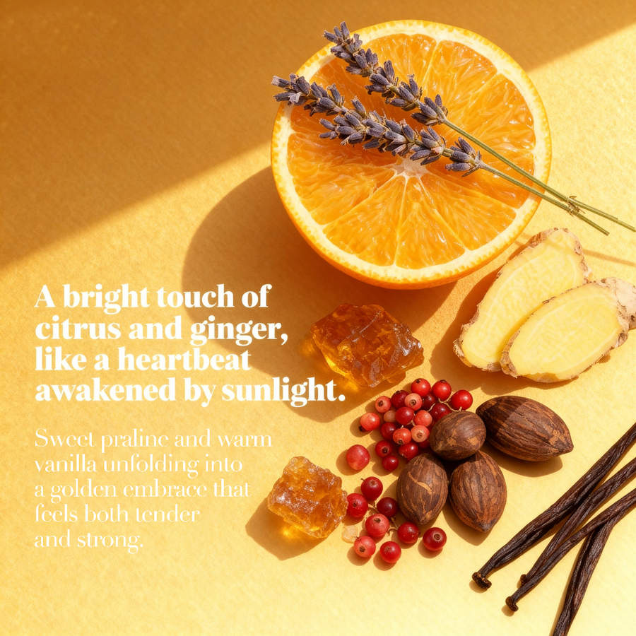 Arrangement of scent ingredients (orange, lavender, ginger, red berries, vanilla, amber) next to poetic text describing the Paruvea Solaris Veil fragrance, on a clean yellow background.