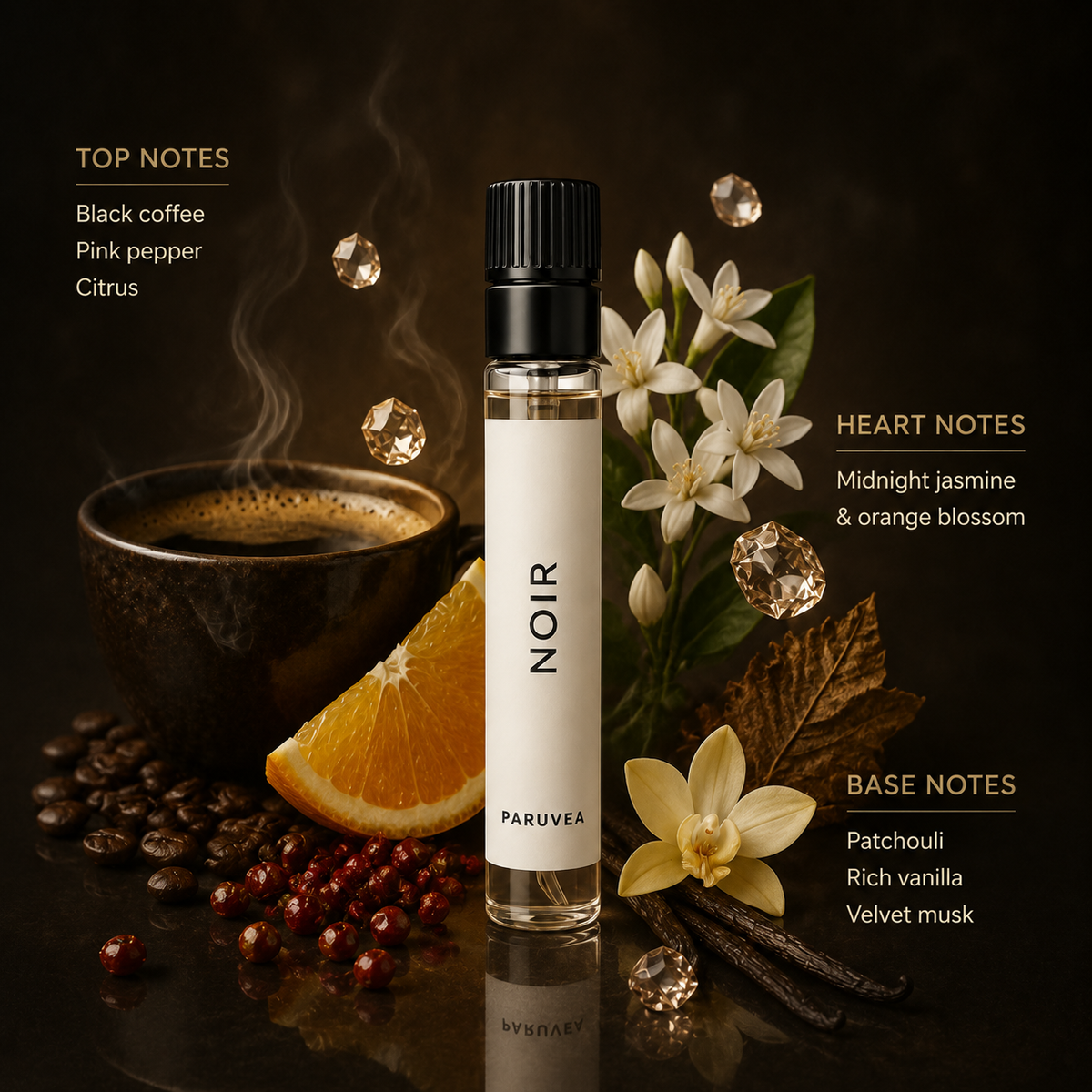 Noir 2ml perfume sample with coffee, citrus, jasmine, orange blossom, vanilla and patchouli notes