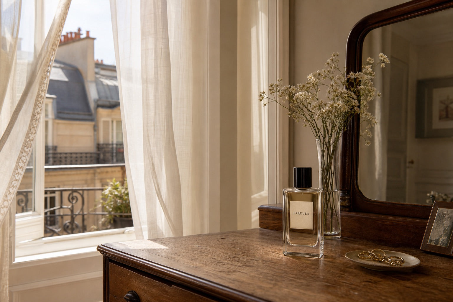 A Paruvea fragrance bottle on a walnut dresser in a familiar sunlit room
